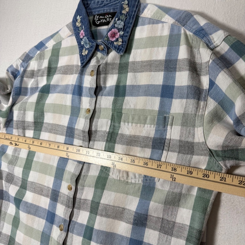 embroidered vintage Button Down Floral Denim MED Lemon Grass Women Plaid 90s - Picture 6 of 8
